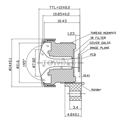 Fisheye HD lens 1/3.2″ Φ2.9 205° M12 mount lens - Towin