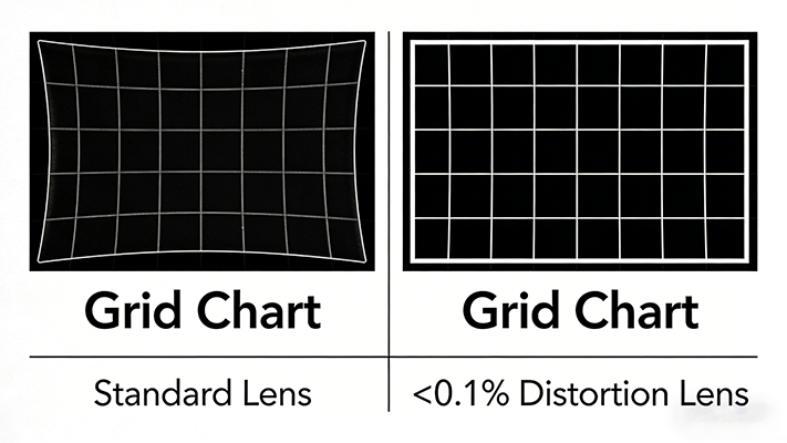 normal lens vs <0.1% ultra-low distortion industrial lens